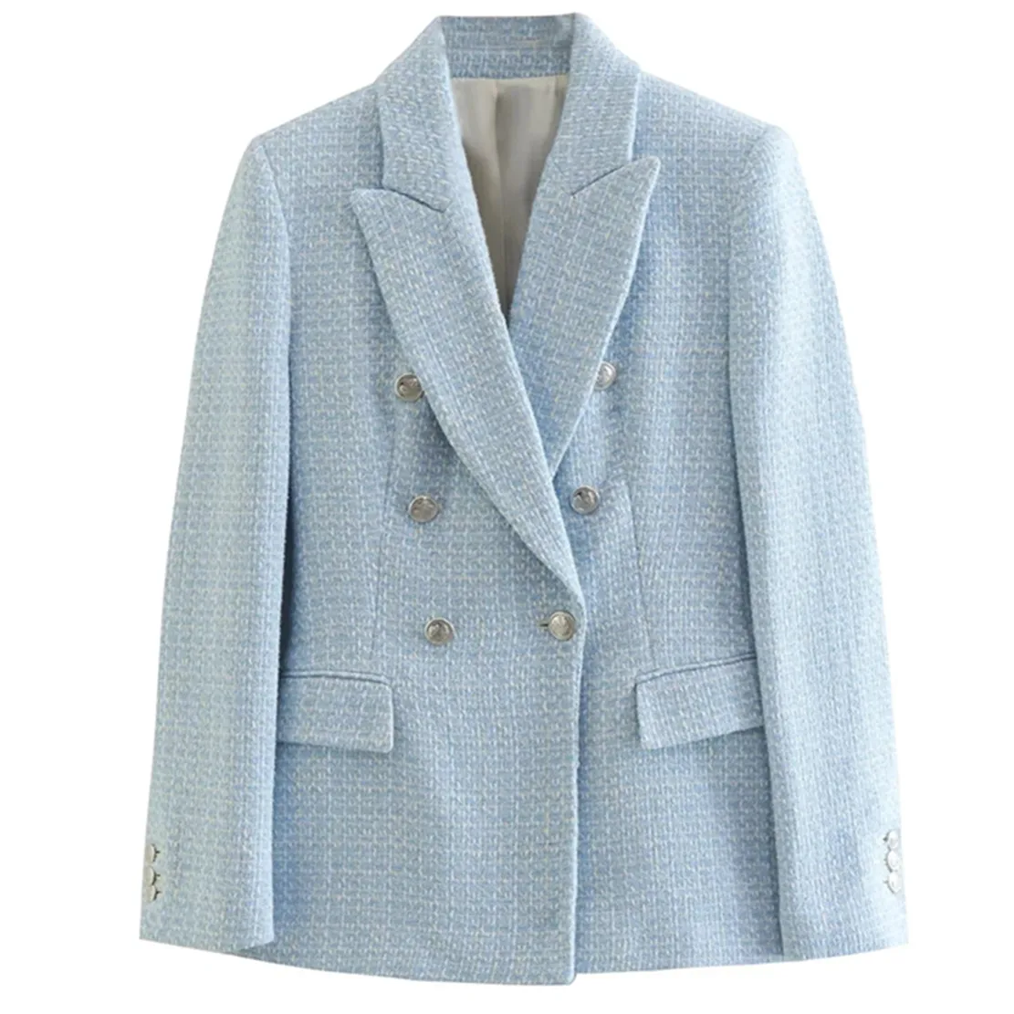 

Maxdutti Enlgand Style Sky Blue Jacket Woolen Texture Fahsion Double Breasted Casual Blazers Women