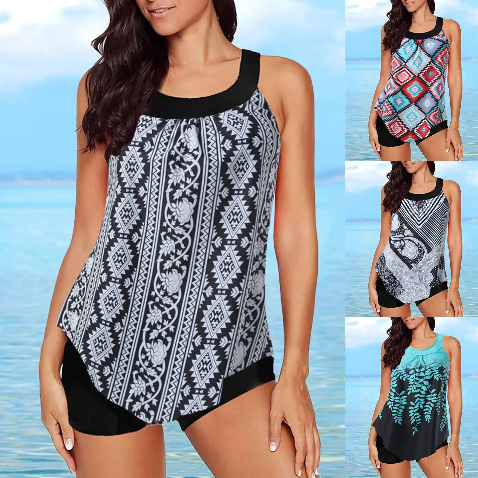 

Women's Swimwear Tankini 2 Piece Normal Swimsuit High Waisted Black Padded Strap swiming Sports Sexy Vintage Swimwear Padded