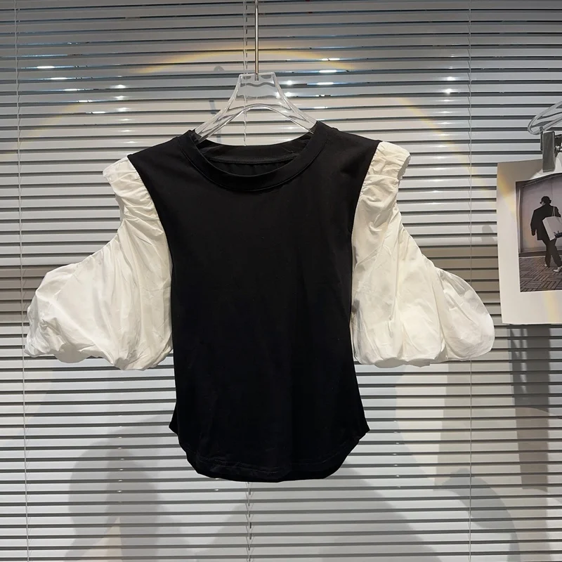 

Женская плиссированная футболка BORVEMAYS контрастных цветов, с коротким рукавом, с круглым вырезом, в стиле пэчворк, модные летние новые женские топы, WZ273