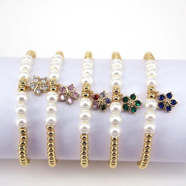 

INS New Fashion Pearl Shell Beads Featured Bracelet Simple Color Zircon Flower Pendant Bracelet Jewelry Women