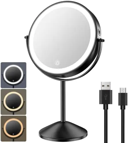 

Lighted Makeup Vanity Mirror, 3 Color Lights & Brightness Adjustment, 1X/10X Magnifying Rechargeable Double Sided Cosmetic M