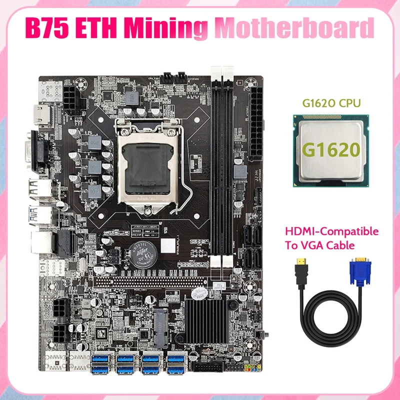 B75 ETH Mining Motherboard 8XPCIE USB Adapter+G1620 CPU+HD To VGA Cable LGA1155 MSATA DDR3 B75 USB Miner Motherboard