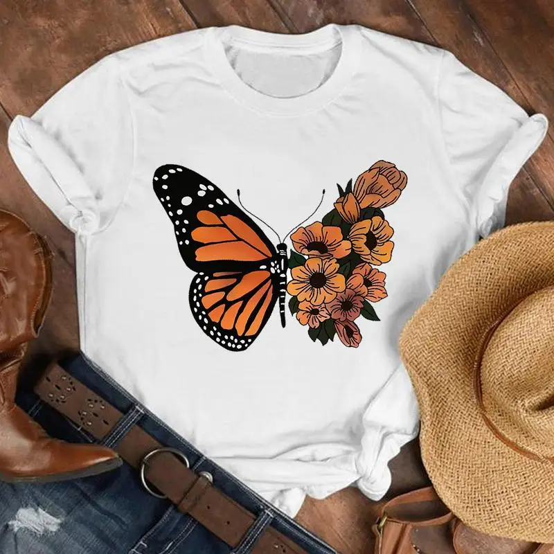 Women T-shirts Cartoon Butterfly Floral Elegant Oversized Tshirt Female 2022 Spring Autumn Short Sleeve Trend Style T-Shirt Tops |