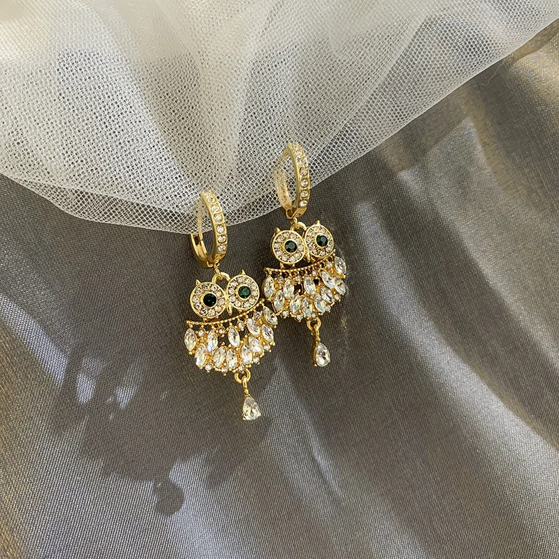 

New Owl Green Crystal Drop Earrings for Women Shiny Rhinestone Dangle Earrings Fashion Party Jewelry Gifts