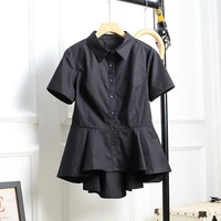 summer shirt for women 2022 new short sleeve large size loose black white ruffled hem ins fashion top ladies blusas