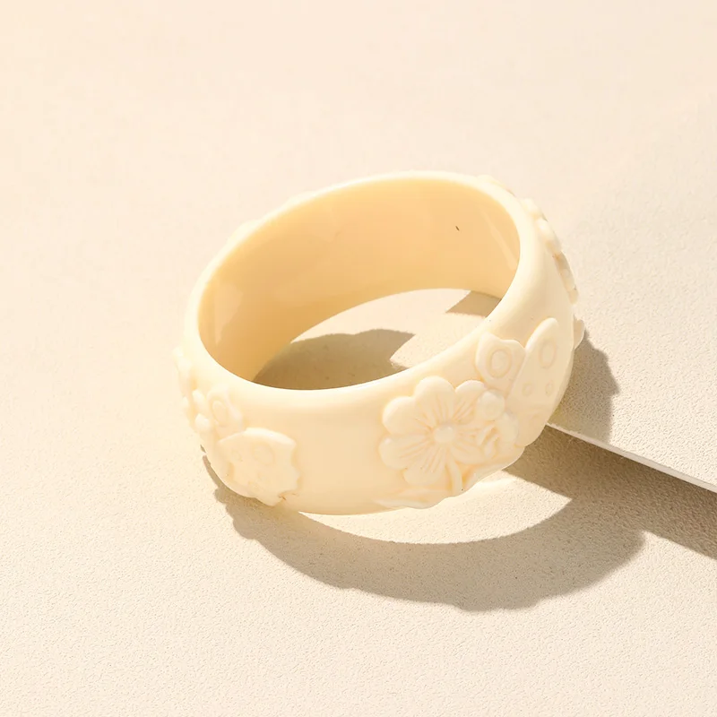 Korean Trendy Flower Pattern Bangle for Women Colorful Cute Acrylic Resin Bracelet Round Wide Charm Hand Accessory Retro Jewelry