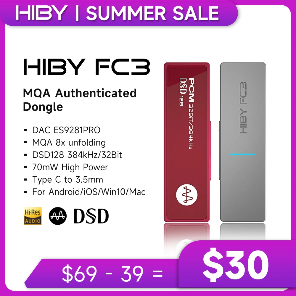 HiBy FC3 MQA authenticated dongle USB DAC Decoding Audio Headphone Amplifier DSD128 SE 3.5mm Output for Android iOS Mac Win10