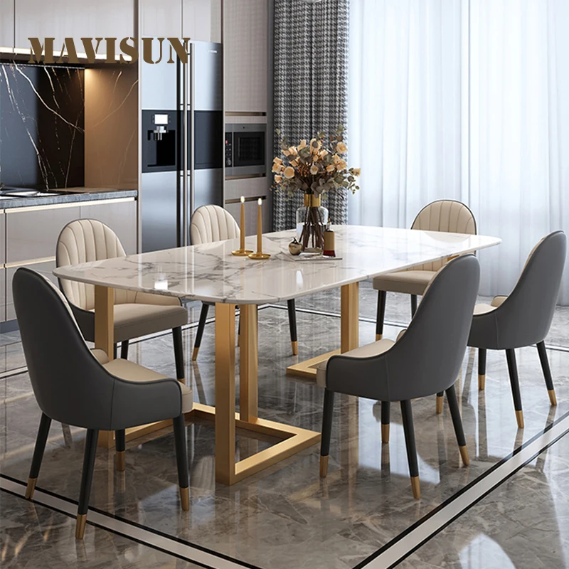 

Northern Europe Natural Marble Dining Table set 6 Modern Chairs Small Apartment Creative Stainless Steel Light Luxury Furniture