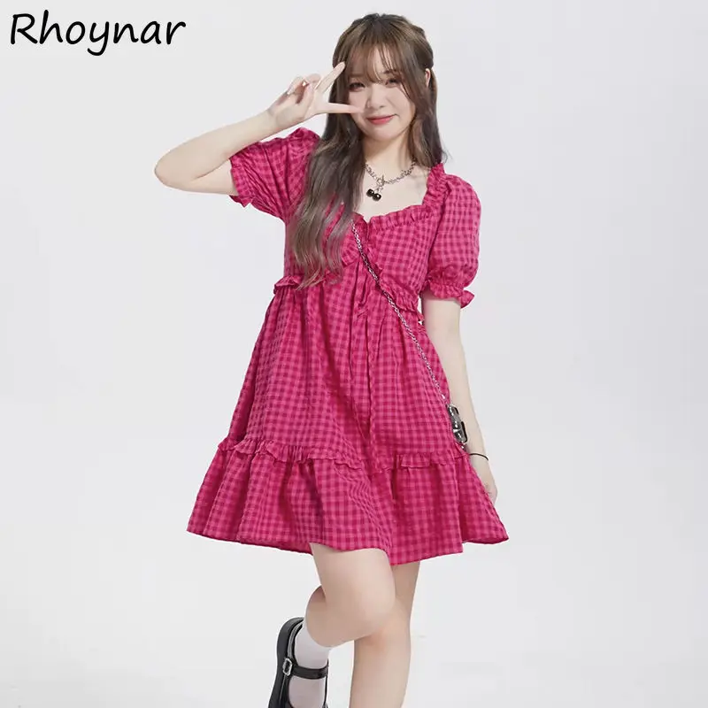 

Short Sleeve Dress Women Mini Plaid High Wasist A-line Kawaii Princess Holiday Design Summer New Arrival French Style Vestidos