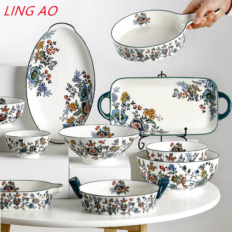 LingAo Винтажная керамическая миска для риса тарелка и набор столовых приборов с