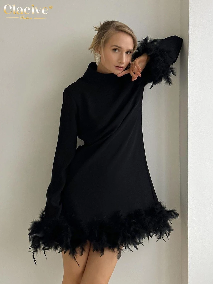 

Clacive Fashion Loose Black Mini Dress Elegant Chic Stand Collar Long Sleeve Feathers Spliced Classic Dresses For Women 2023