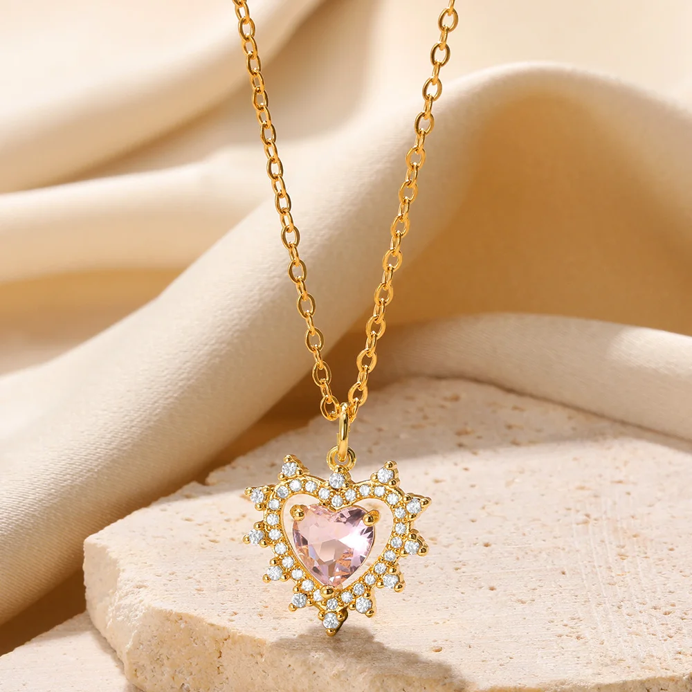 

Pink Heart Pendant Necklace For Women Zircon Clavicle Chain Stainless Steel Necklaces Romantic Fashion Party Jewelry Gift