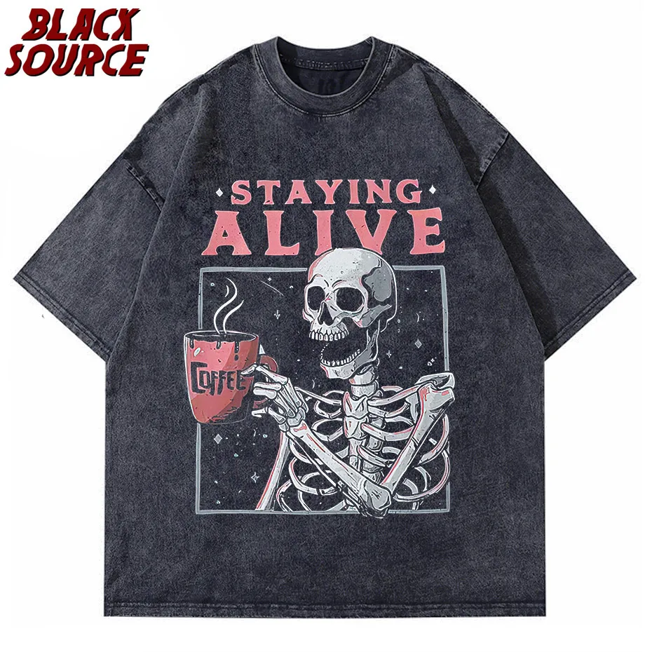 

Vintage T-Shirt Streetwear Hip Hop Funny Skull Skeleton Print Punk Gothic Washed Tshirt Harajuku Fashion Casual Tee Shirts Tops