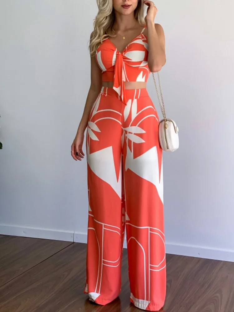 

Seedtotree Leaf Print Backless Spaghetti Strap Cami Tops & High Waist Wide Leg Pants Set Summer Women Two Piece Set