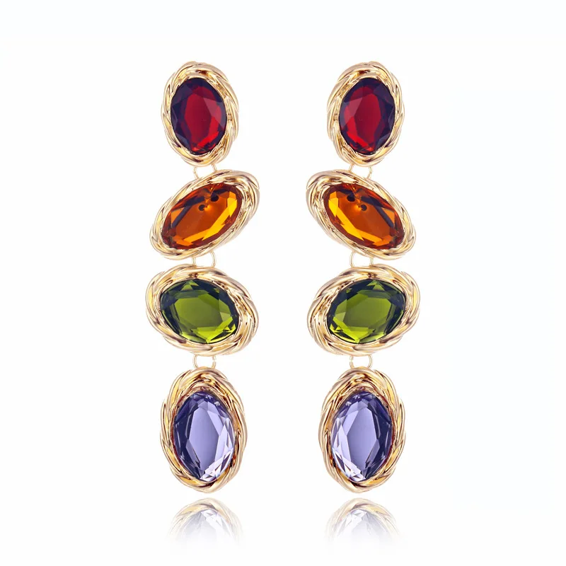 

Oval Colored Zircon Alloy Pendant for Women Luxurious Exaggerated Earrings Multicolor Gemstone Inlaid Earrings for Women