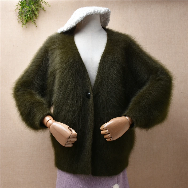 

04 Female Women Fall Winter Thick Warm Hairy Mink Cashmere Knitted Long Batwing Sleeves V-Neck Loose Cardigans Sweater Jacket