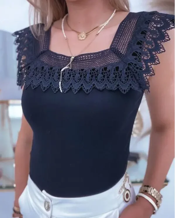 

black Contrast Lace Square Neck Tank Top women summer 2022 new fashion