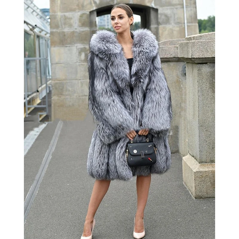 Genuine Sliver Fox Fur Coat Woemn Winter New Hooded Thicken Long Sleeve Outertwear Natural Warm Fox Fur Jackets Female