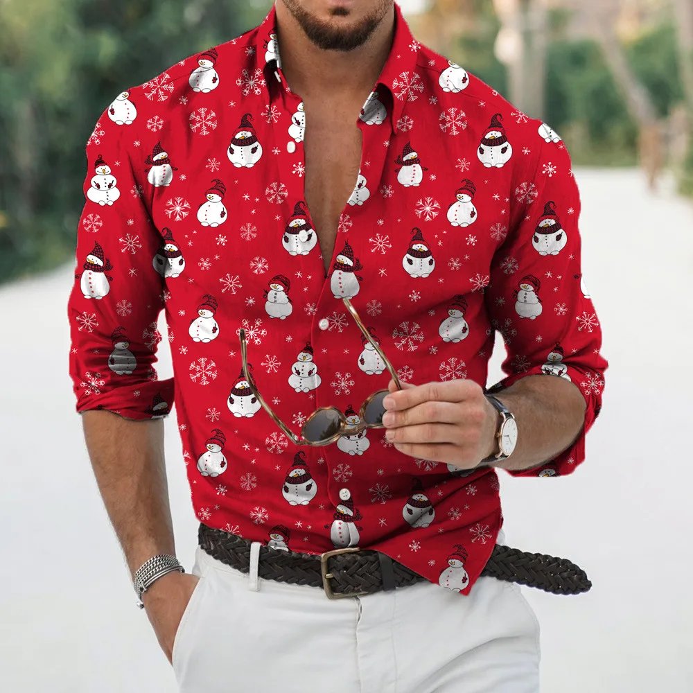 2022 Christmas Shirts 3D Printed Xmas Long Sleeve Blouse Holiday Party Tops Oversized Tee Shirt for Men Clothing Harajuku Shirt