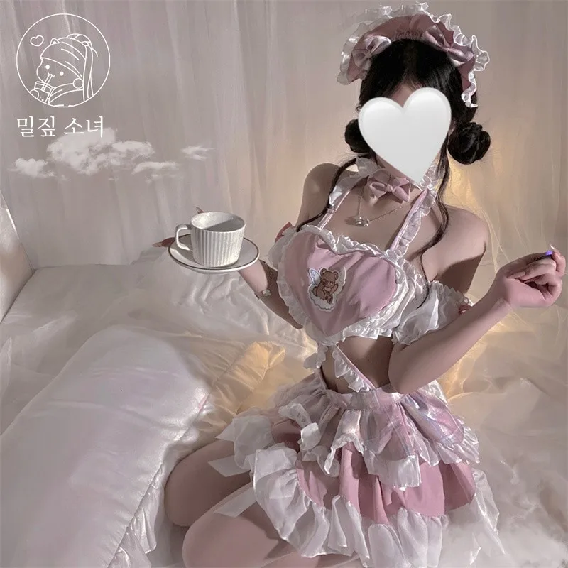 Розовая женская униформа горничной в форме сердца с оборками женское