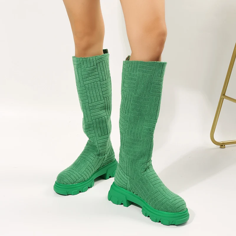 Женские весенние модные ботинки до колена с круглым носком современные на
