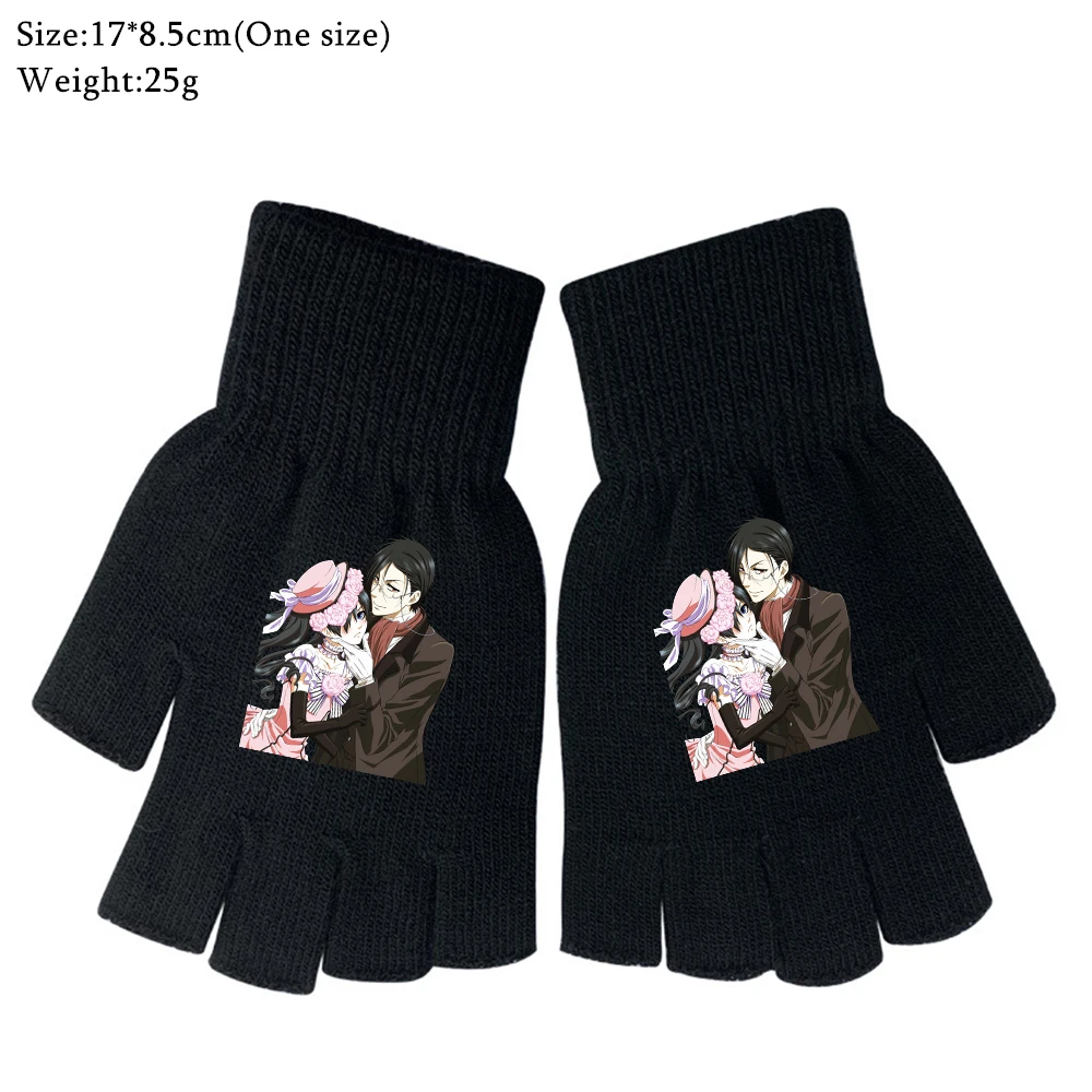 

Anime Black Butler Black Knitted Printing Half Finger Gloves Boys Girls Autumn Winter Warm Student Cosplay Cartoon Mittens Gifts