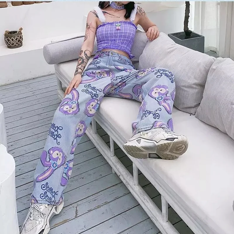 2023 Women Jeans Straight Pants Oversize Cartoon Rabbit Print Zipper Casual Female Long Trousers Large Size Mom Jeans High Waist