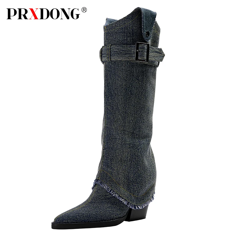 

PRXDONG Women Chelsea Boots Pointed Toe Short Booties Chunky High Heels Black Ankle Botas Mujer Designer Cowboy Shoes Autumn 42