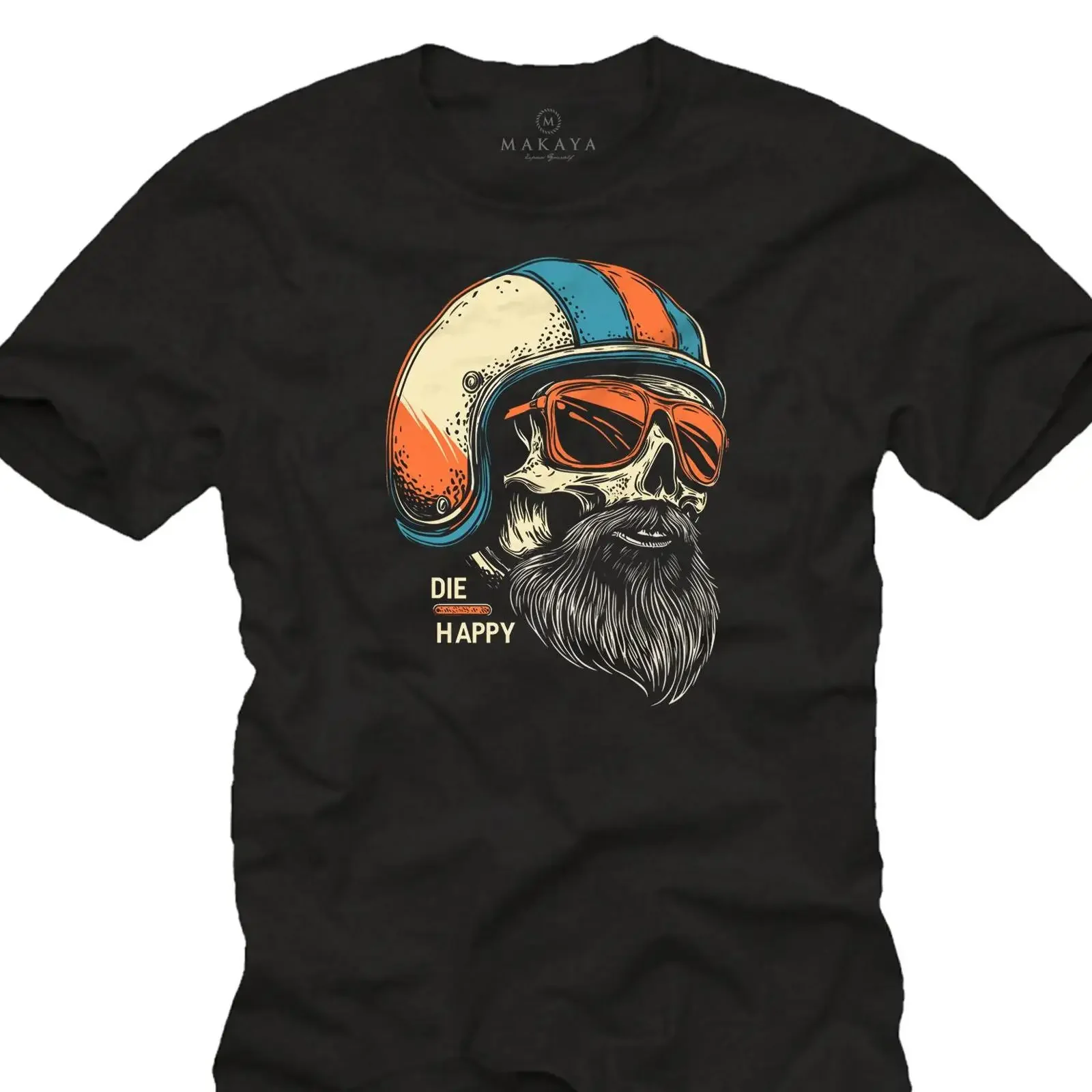Фото Мужская мотоциклетная футболка Die Happy Skull Helmet Beard Biker для рокеров и байкеров, размеры S-6XL, винтажная, с эффектом потертости, унисекс, стильная №1