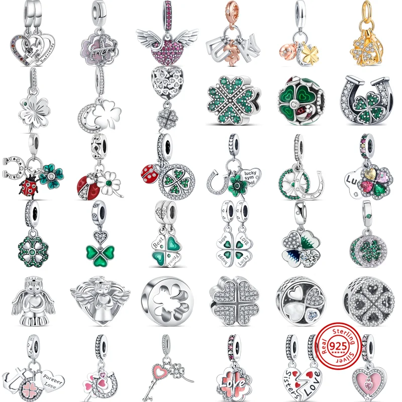 

925 Sterling Silver Love Hope Angel Friends Four Leaf Clover Horseshoe Pendant Lucky Beads Fit Original Pandora Charms Bracelet