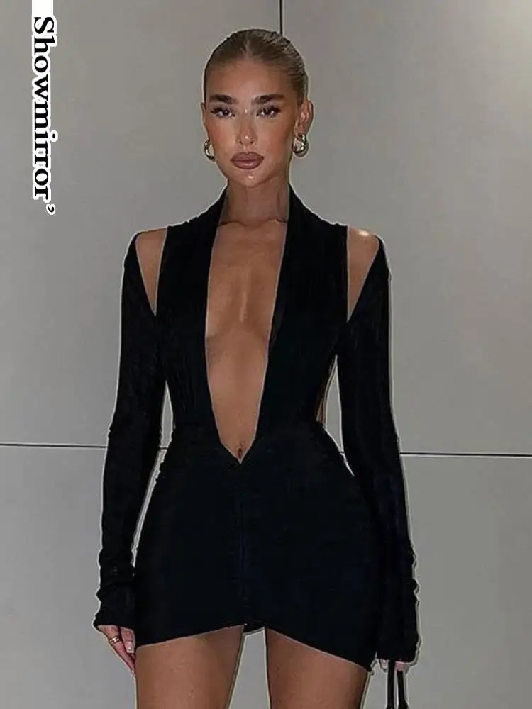 

Showmirror Deep V Neck Long Sleeve Mesh SEE Through MIni Dress Sexy Backless Women Club Party Elegant Ruched Dresses Clothes