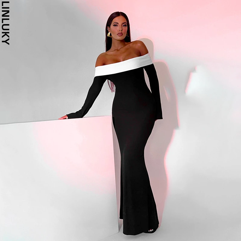 

Off Shoulder Woolen Long Sleeve Dress For Women 2023 Autumn New Club Party Evening Long Fishtail Dresses Woman Clothing