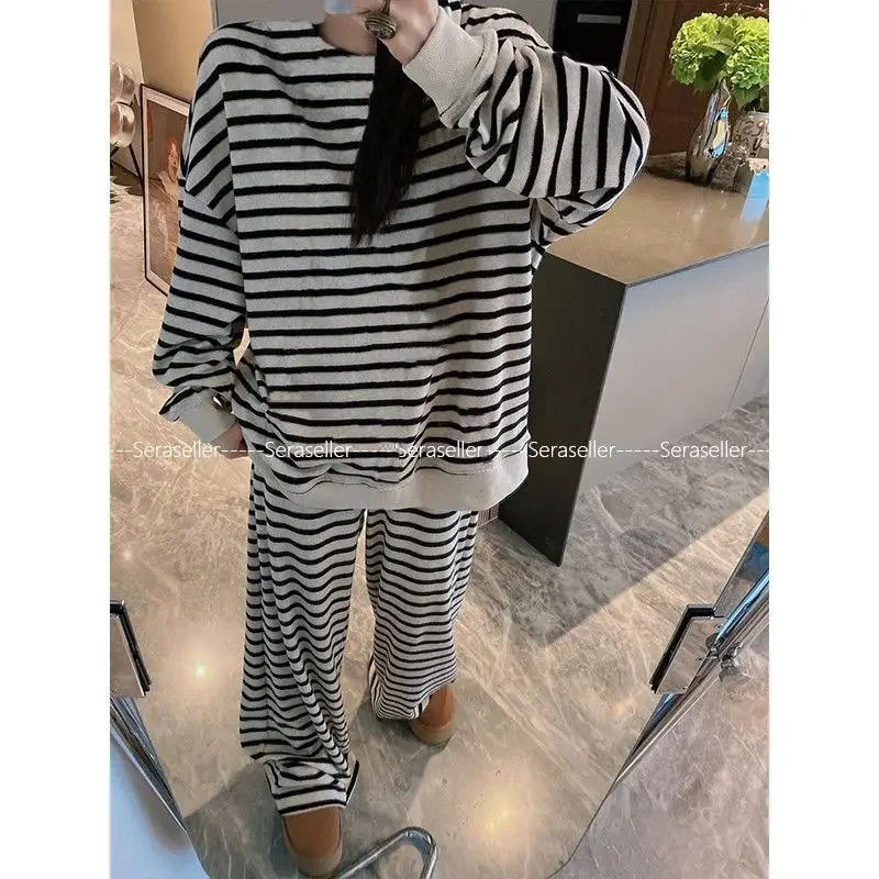 Женская флисовая одежда для сна теплые полосатые брюки с длинными рукавами