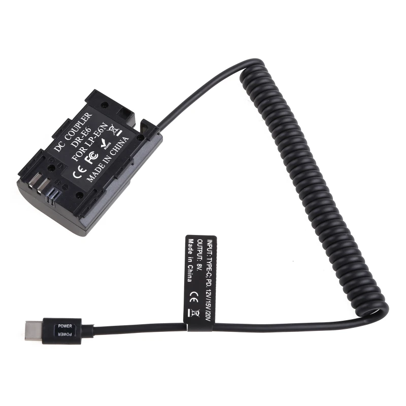 

LP-E6 Dummy Battery with USB Type-C Power Cable Support PD 9V / 12V Output for Cameras Monitors High-Elastic