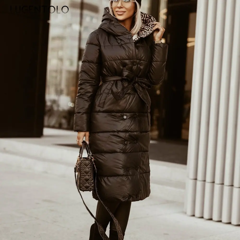 

Women Hooded Warm Parkas Winter Puffer Jacket Solid Casual Female Straight Zipper Half Turtleneck Long Coats