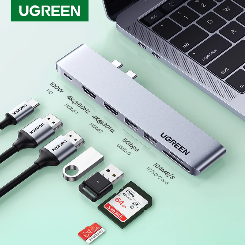 UGREEN USB Type C концентратор с двумя USB-C на HDMI RJ45 USB PD 3,0 SD для MacBook Pro Air Adapter Thunderbolt 3 Dock USB C 3,1 Type-C HUB