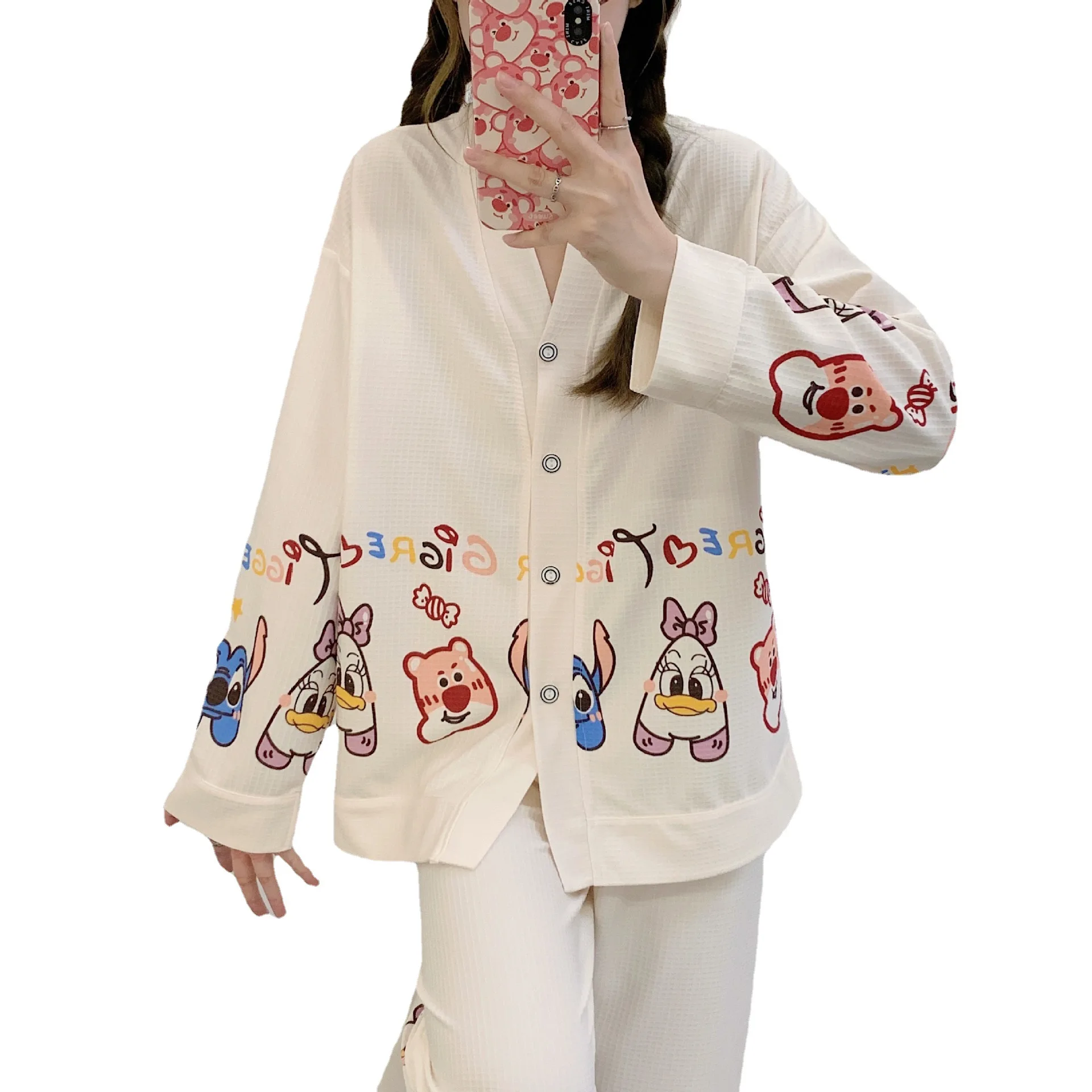 Long Sleeve Pajama Set for Women Girls Knitted Cotton Female Sleepwear 2 Piece Cartoon Home Clothes Walf Checks Nightgown Spring