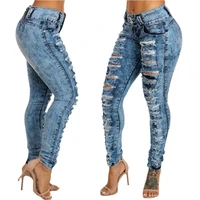 2022 new style high quality womens pure color hole high waist small feet more buttonhole new sexy womens jeans