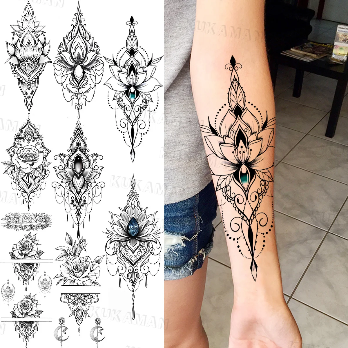 Черная подвеска в виде лотоса временные татуировки для женщин взрослых девушек