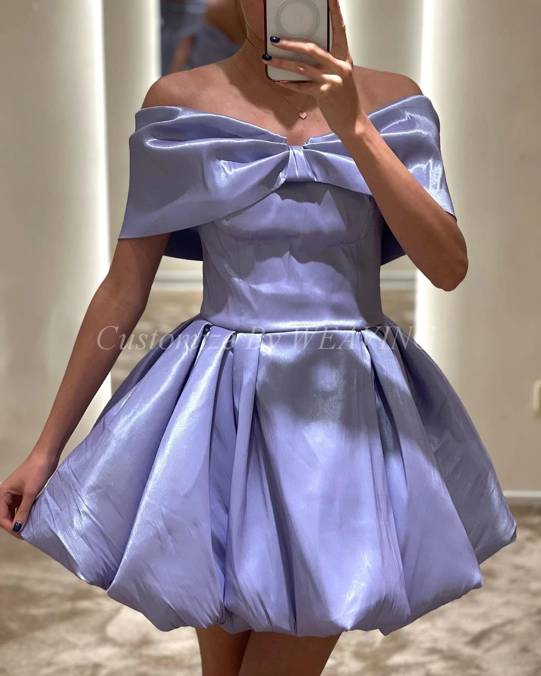 

Lilac Taffeta Short Prom Dresses A-Line Off The Shoulder Saudi Arabic Women Evening Gowns Formal Party Dress