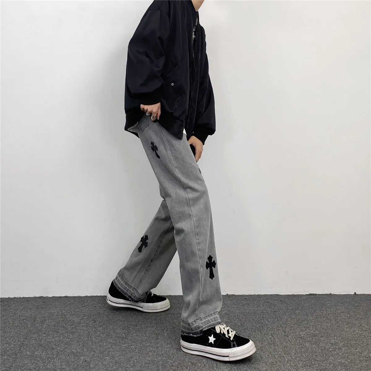 Men's Jeans Ins American Embroidered Label Cross Label Straight Loose Casual Jeans Men and Women Trousers Y2k Pants Ins Hot Sale