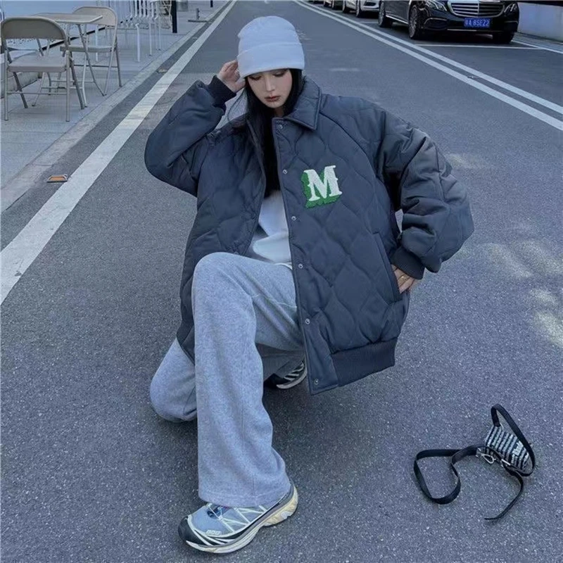 Streetwear Letter Embroidery Jacket Winter Warm Couple Baseball Uniform Y2k Autumn Trend Long Sleeve Thick Baggy Coat