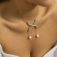 2022 metal gold stitching semicircle pearl pendant necklace for women gift luxury metal clavicle chain choker necklacjewelrye