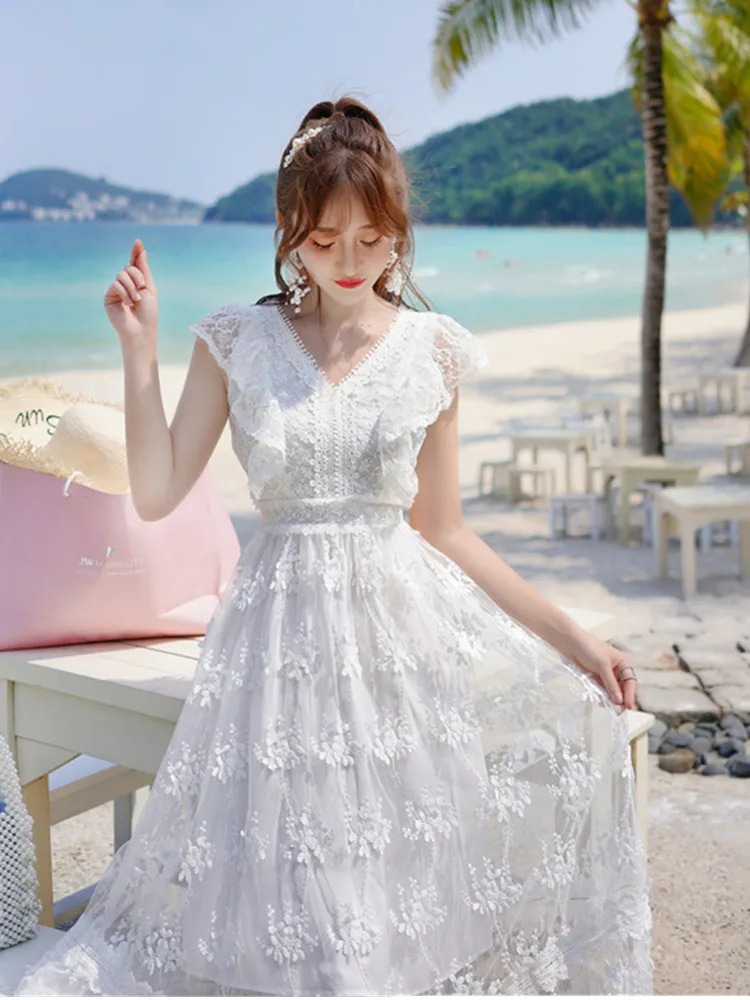 SMTHMA 2022 Новая мода Винтажный элегантный женский летний платье с оборками, вышивкой кружева, вырезом, средней длины, длинные платья Vestidos.