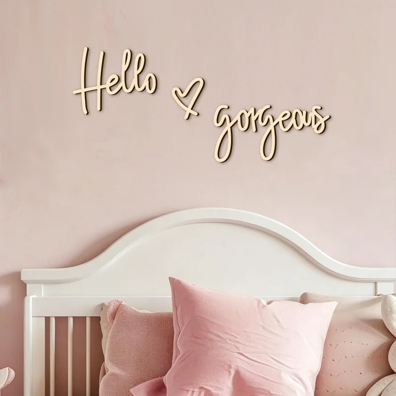Фото Деревянные наклейки на стену «Hello Gorgeous» для декора салона красоты, комнаты для наращивания ресниц, салона, ванной комнаты №4