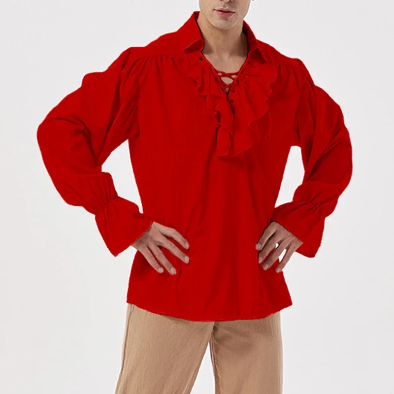 

Винтажный Мужской Свободный Пышный рукав стоячий воротник пиратский косплей костюм рубашка средневековый эпохи Возрождения бандажный воротник женский