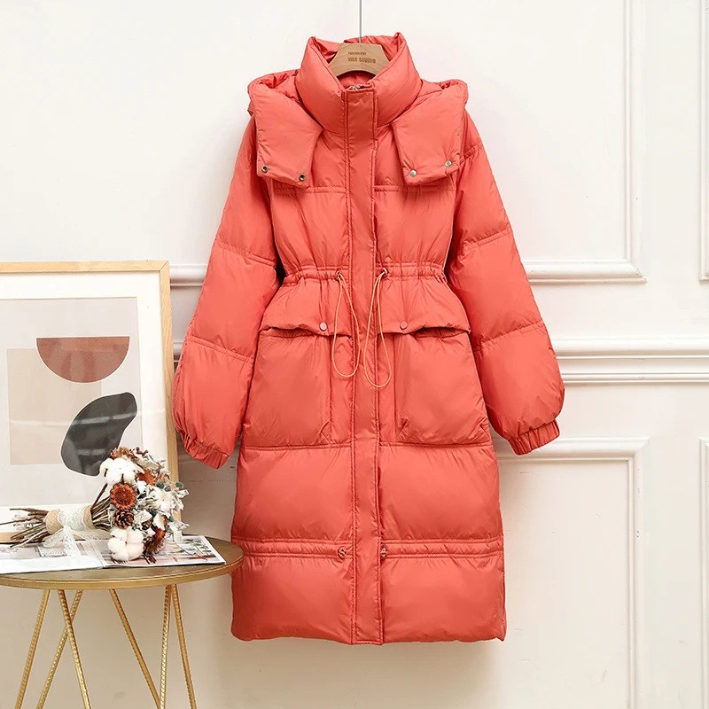 2022 Women's Winter New White Duck Down Mid-Length Coat Korean Version Loose Waist Hooded Down Jacket Clothes