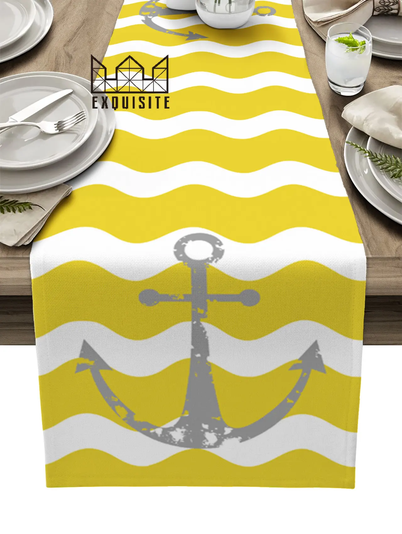 

Желтая скатерть в полоску с серым якорем, скатерть для свадебного стола, столовая скатерть, украшение для дома и кухни