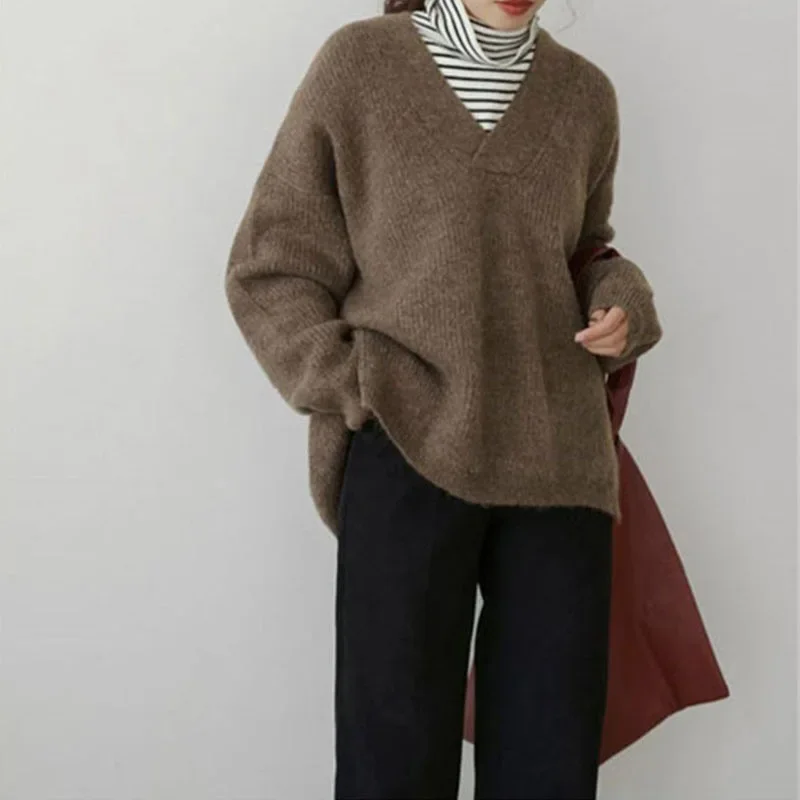 Корейский пуловер с v-образным вырезом в ленивом стиле для женщин осенне-зимний