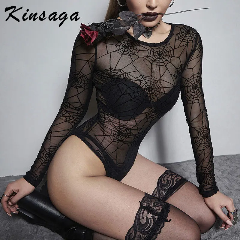 

Женское боди с длинным рукавом, черное прозрачное Сетчатое боди в готическом стиле, с эмо-пауком, гранж-панк